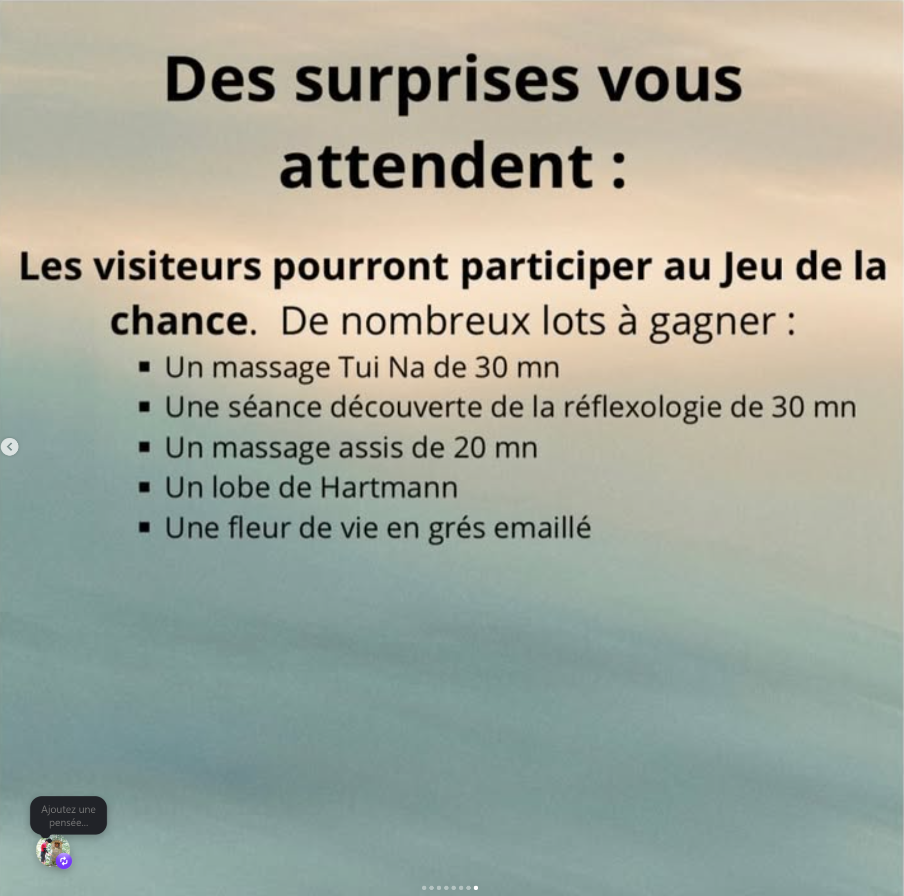 Jeu de la chance des portes ouvertes : massage Tui Na de 30 minutes, découverte de la réflexologie de 30 minutes, massage assis de 20 minutes, lobe de Hartmann et fleur de vie en grès émaillé à gagner.