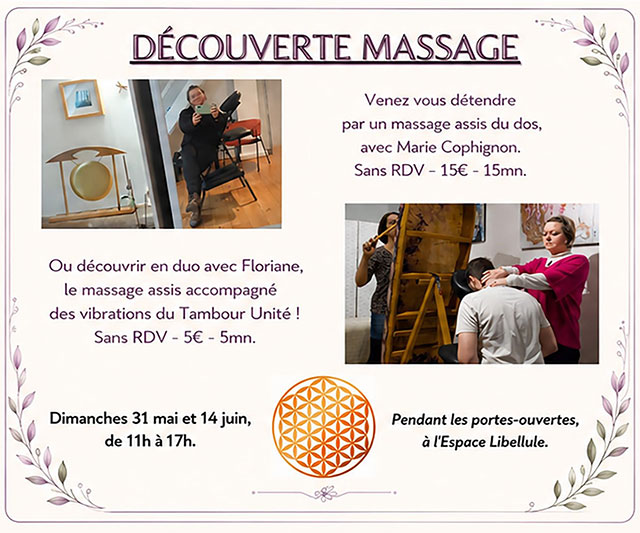 Affiche des massages bien‑être à Plaisir 78370 pour les Portes Ouvertes du Coffret d’Alumine, présentant les offres de massage du dos assis EAS et du duo Tambour‑Massage avec Marie Cophignon.