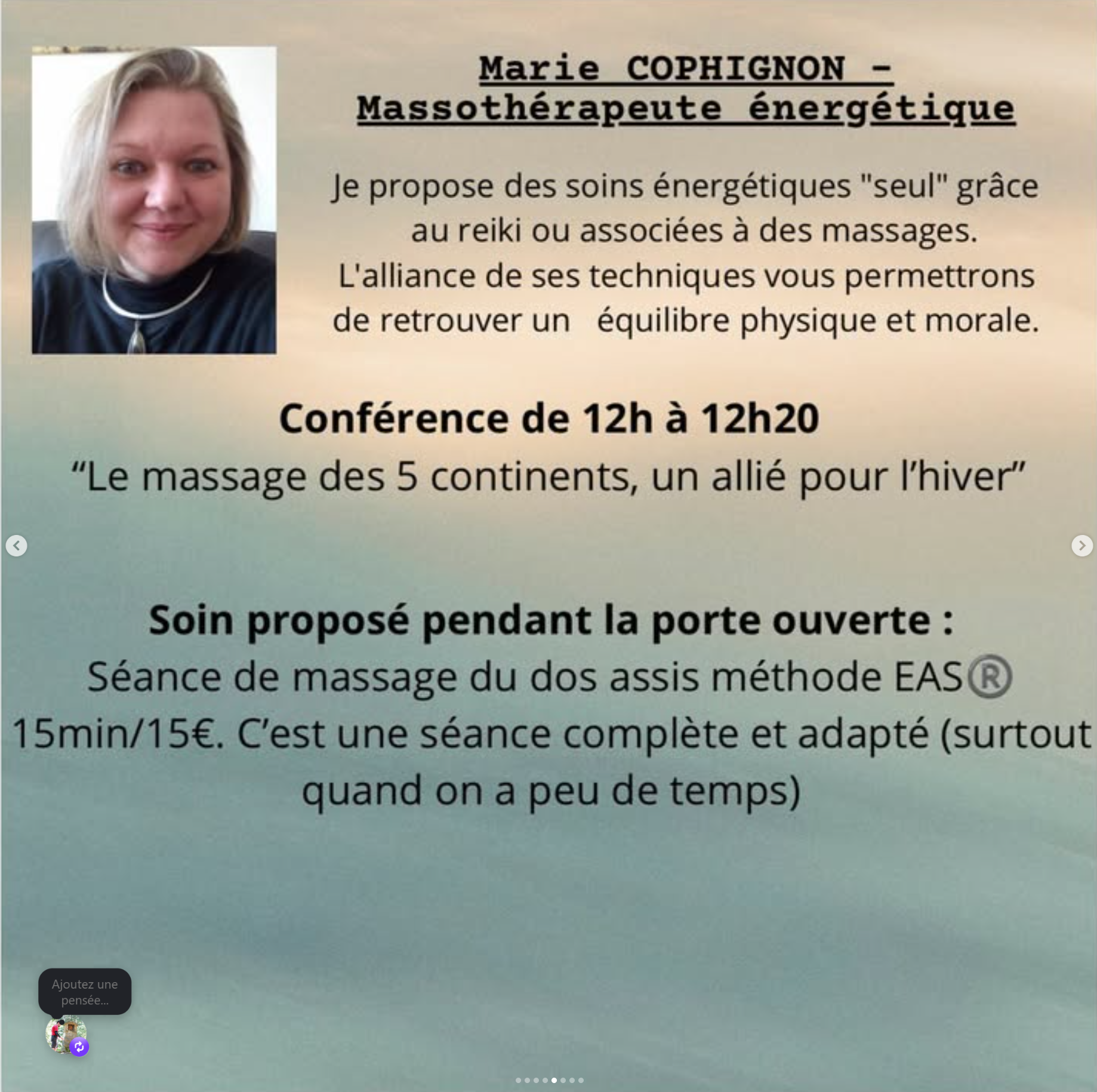 Marie Cophignon présente sa conférence « Le Massage des 5 Continents, un allié pour l’hiver », de 12 h à 12 h 20, et le massage du dos assis EAS®, 15 minutes à 15 €.