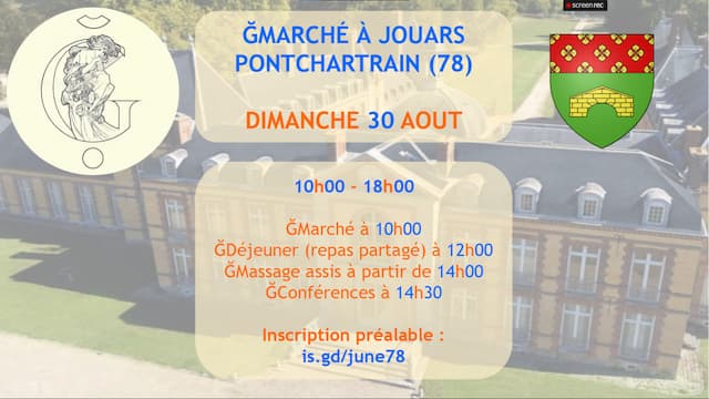 Affiche du Ğmarché de Pontchartrain du 30 août 2026 où Marie Cophignon, pour la première fois, participera et proposera des massegs du dos assis méthode EAS.
