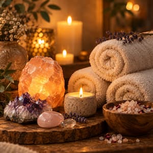 image décorative d’ambiance cocooning aux cristaux : une atmosphère chaleureuse et enveloppante mêlant serviettes douces, bougies, cristaux et lumière tamisée.