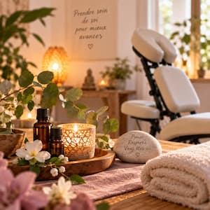 image décorative d’ambiance cocooning aux cristaux : une atmosphère chaleureuse et enveloppante mêlant serviettes douces, bougies, cristaux et lumière tamisée.