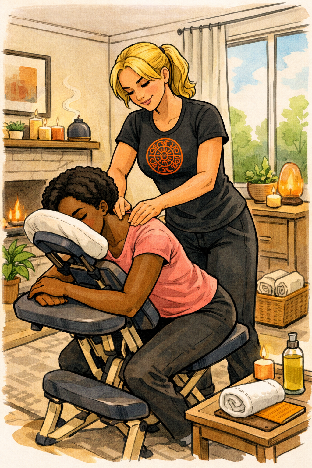 Praticienne bien-être effectuant un massage du dos assis, méthode EAS®, sur chaise, à domicile