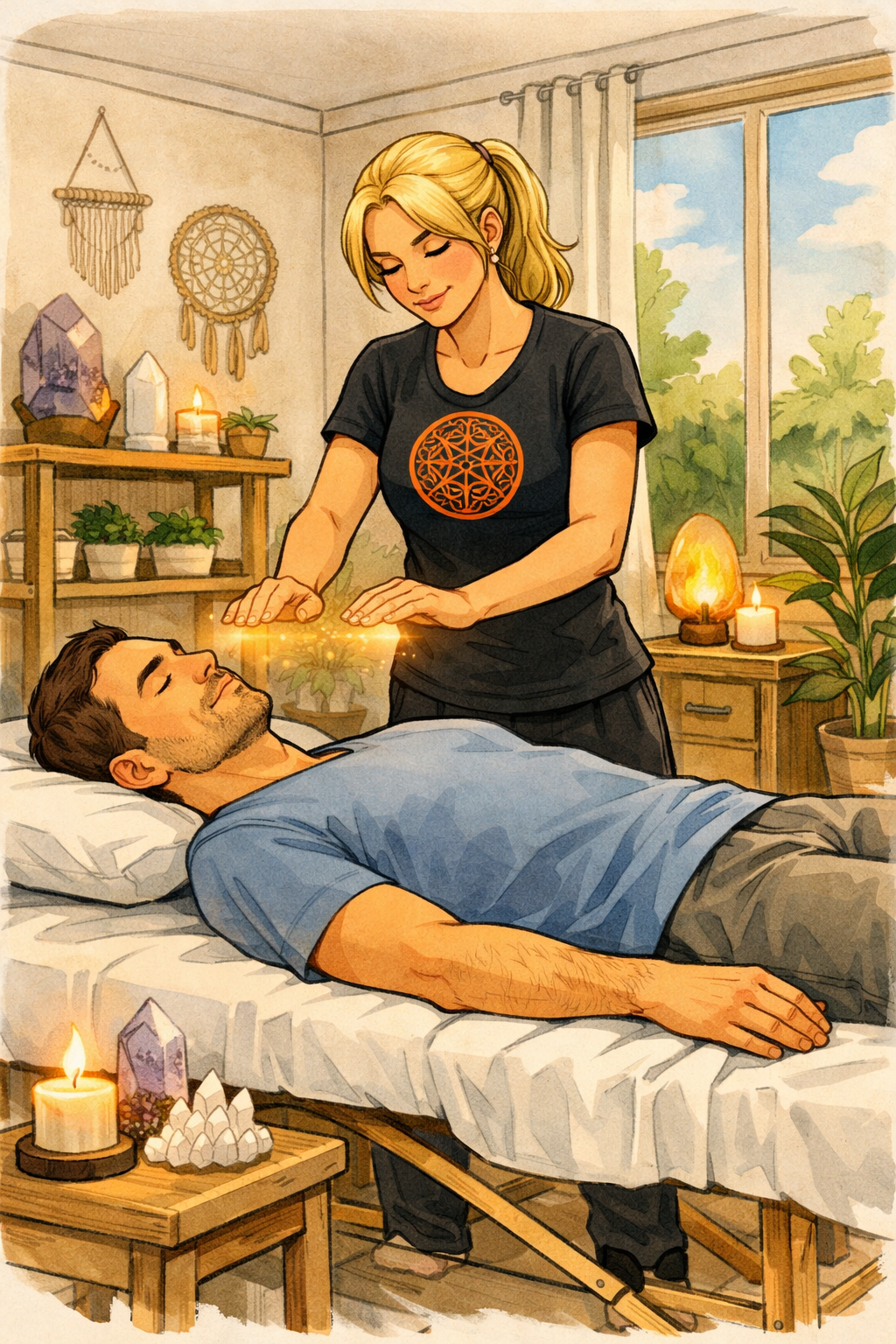 Praticienne bien-être effectuant soin énergétique Reiki Usui, par apposition des mains, à domicile