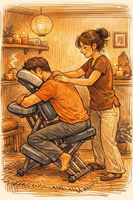 Praticienne bien-être effectuant un massage du dos assis, méthode EAS®, sur chaise, en entreprise